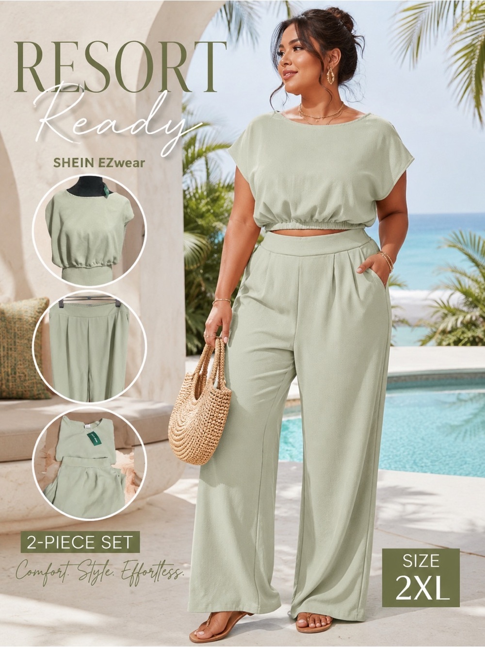 NWT SHEIN EZwear Sage Green Textured 2-Piece Lounge Set Size 2XL Wide Leg Pants